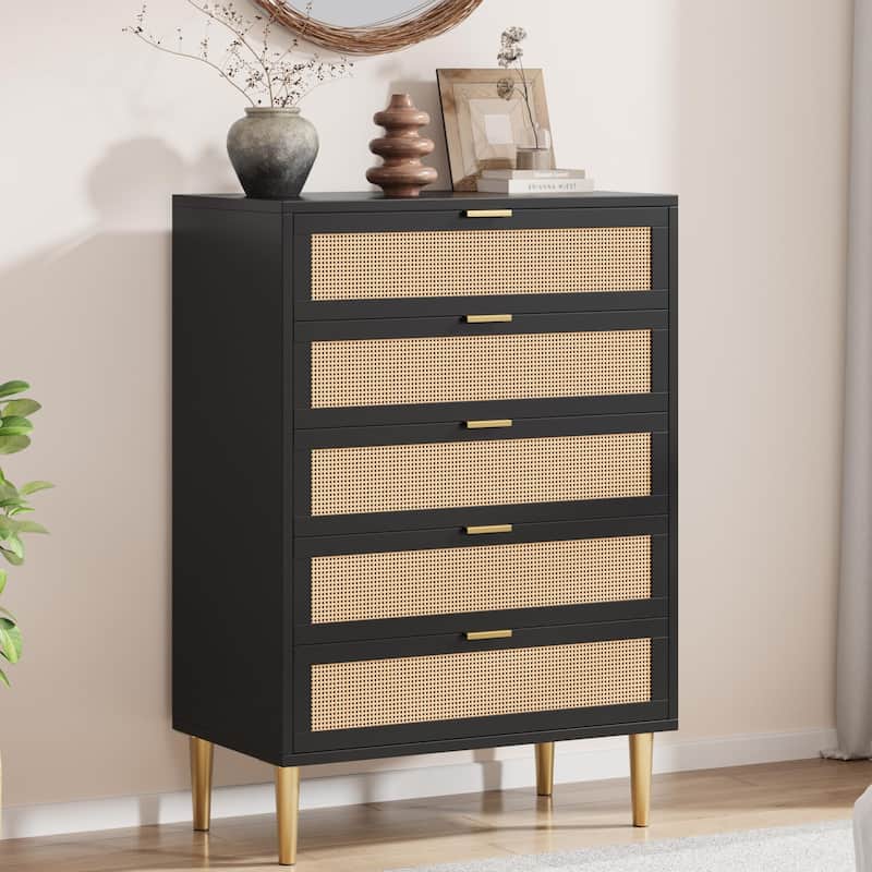 Rattan 5 Drawer Dresser, 44'' Tall Narrow Chest, Farmhouse Vertical Dresser with Metal Legs and Handles