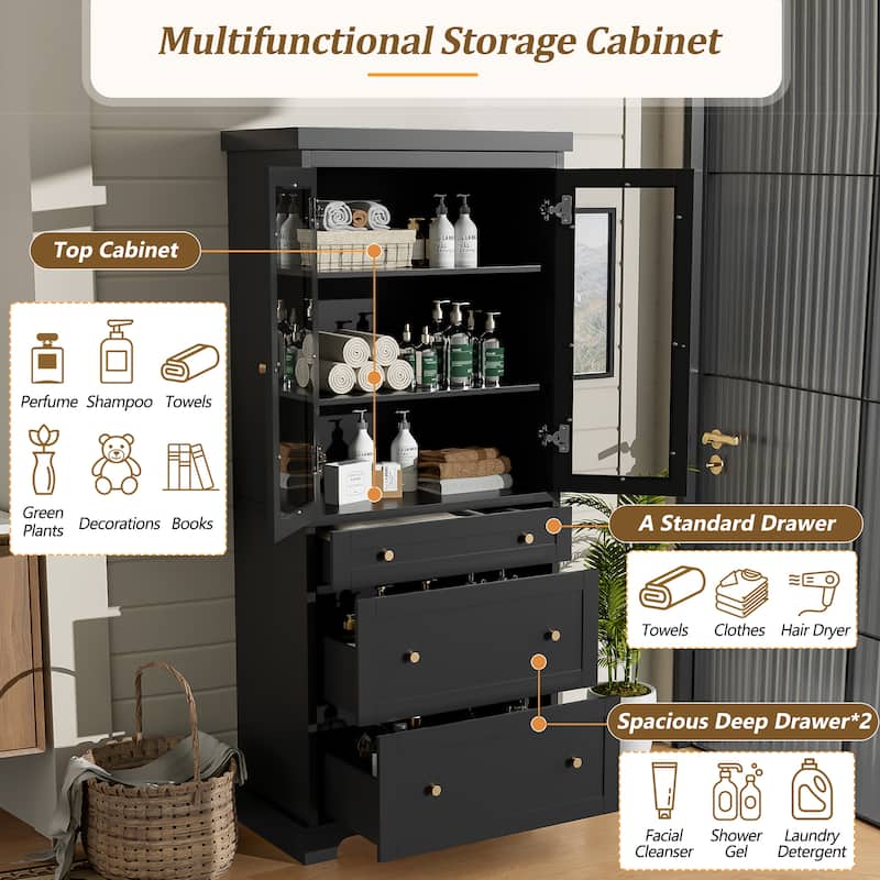 70.1" Modern Bathroom Cabinet with 3 Drawers & Glass Doors - Tall Storage with 2 Adjustable Shelves and Soft Close Mechanism