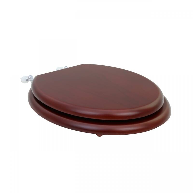 Cherry Finish Wooden Round Toilet Seat with Lid with Chrome Hinges and Non Slip Polymer Bumper Stabilizers
