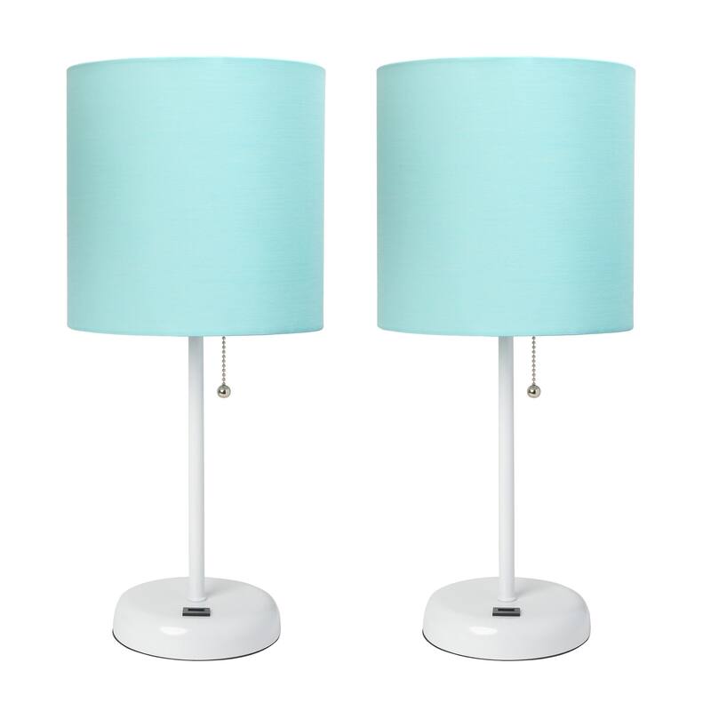 19.5 in. White Finish Table Lamp with Blue Shade, Durable Stick Lamp for End/Side Tables, Set of 2