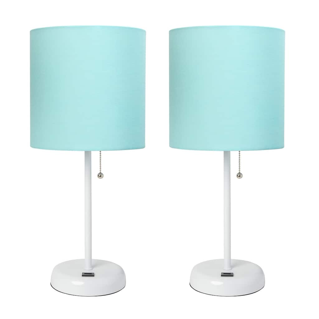 19.5 in. White Finish Table Lamp with Blue Shade, Durable Stick Lamp for End/Side Tables, Set of 2