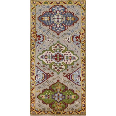 Geometric Kazak Indian Accent Rug Handmade Beige Wool Carpet - 2'7"x 6'1"