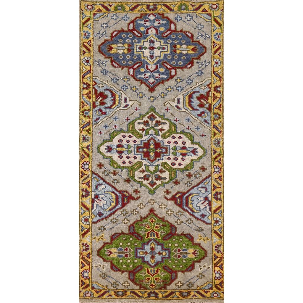Geometric Kazak Indian Accent Rug Handmade Beige Wool Carpet - 2'7"x 6'1"