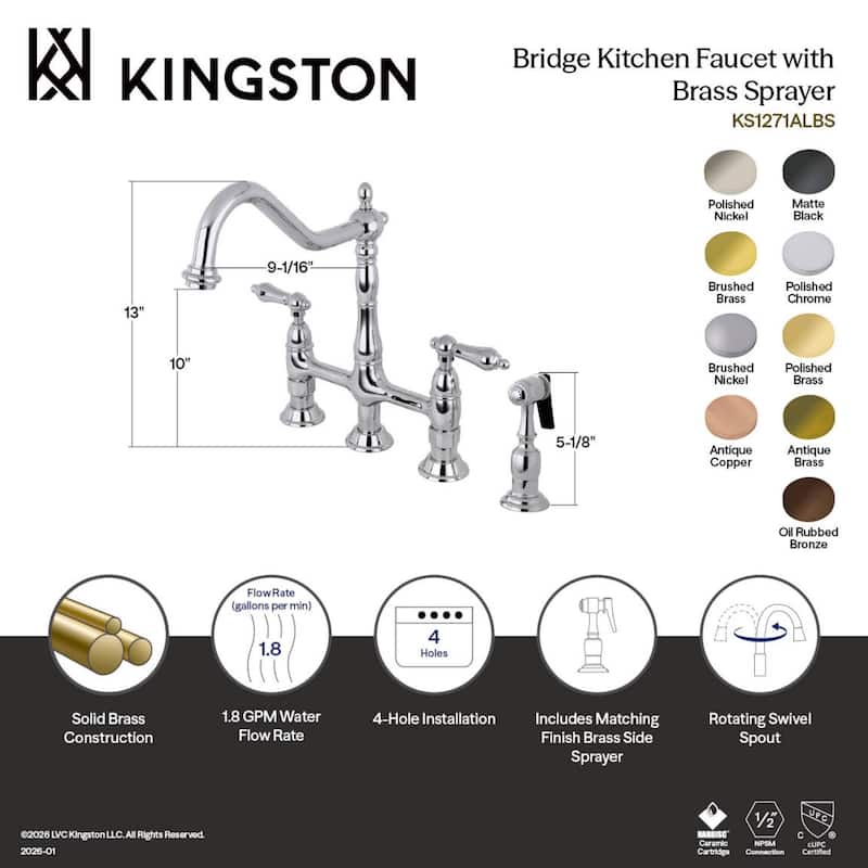 Kingston Brass Heritage Bridge Kitchen Faucet with Brass Sprayer