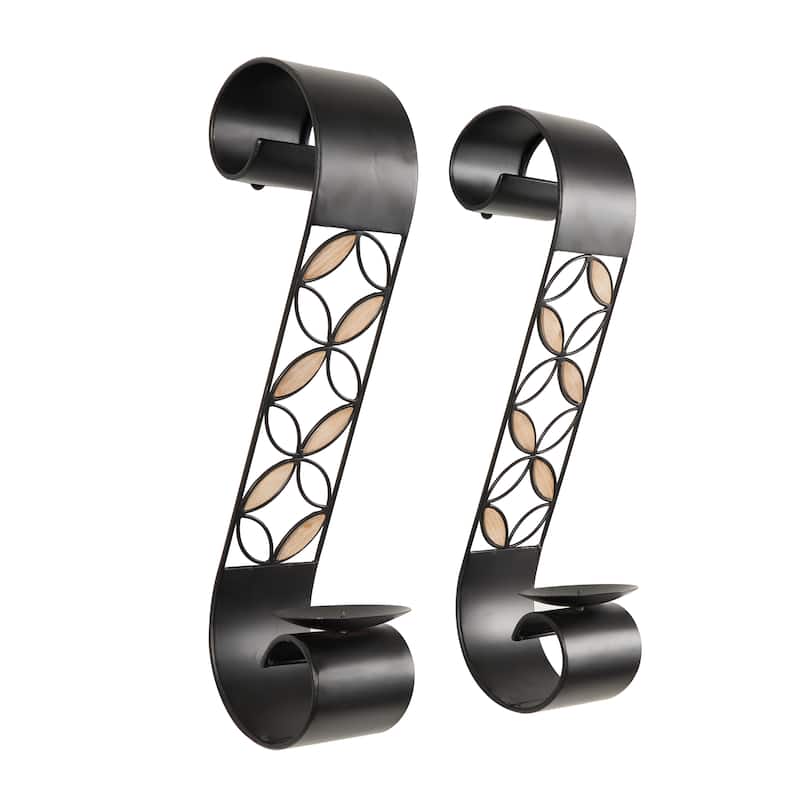 Metal Scroll Wall Sconce with Floral Patterns and Wood Accents - Set of 2 Black - Roche River Decor - 6"W x 4"L x 20"H