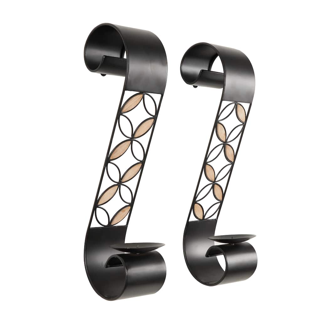 Metal Scroll Wall Sconce with Floral Patterns and Wood Accents - Set of 2 Black - Roche River Decor - 6"W x 4"L x 20"H