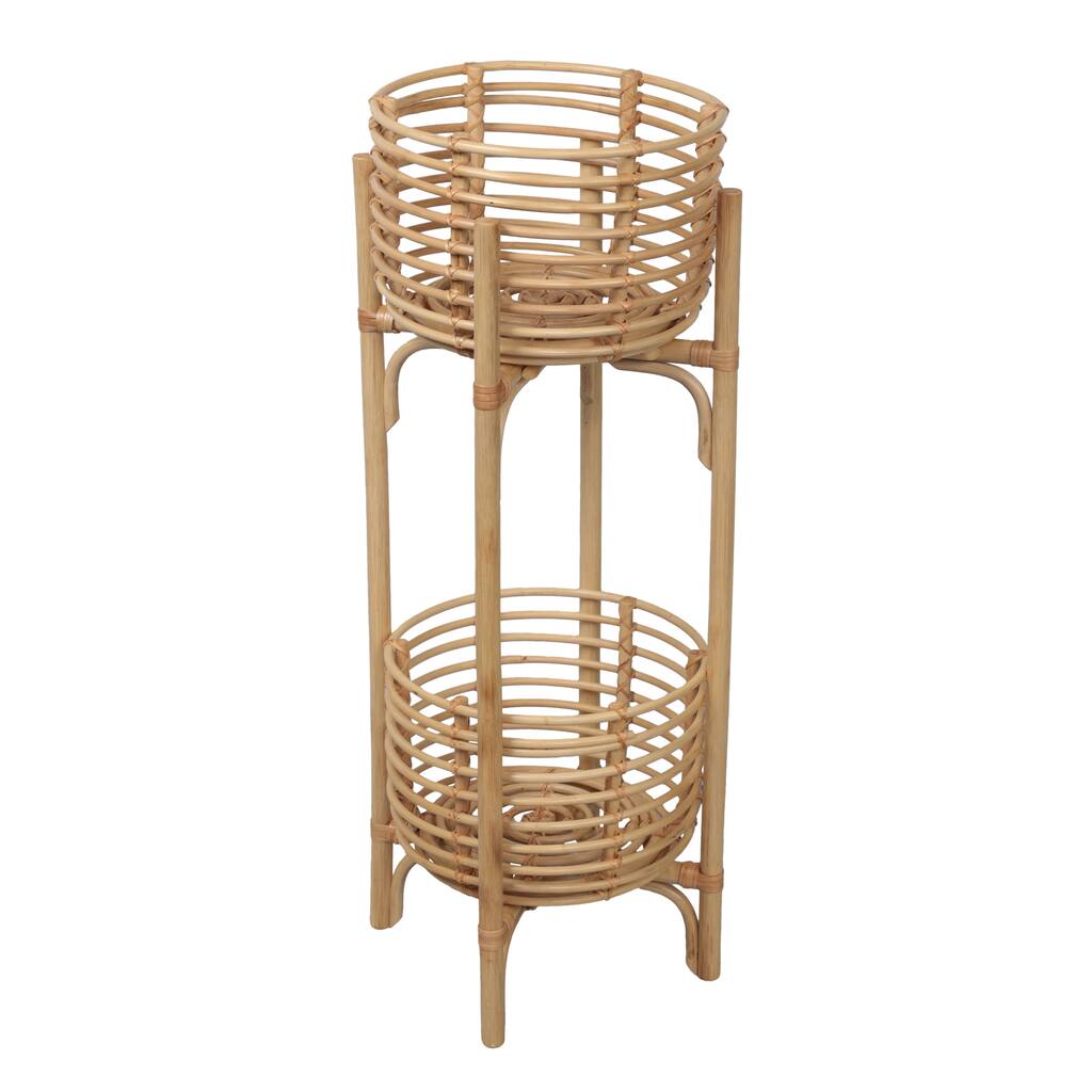 JONATHAN Y Zachariah 33.5" Bohemian Minimalist Handmade 2-Tier Rattan Indoor Planter Stand