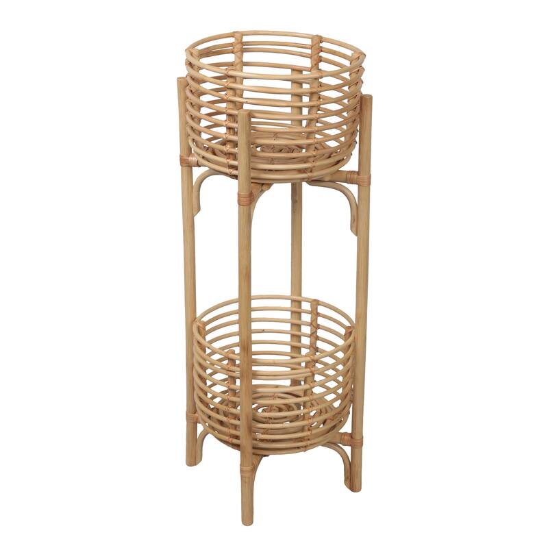 JONATHAN Y Zachariah 33.5" Bohemian Minimalist Handmade 2-Tier Rattan Indoor Planter Stand - Natural