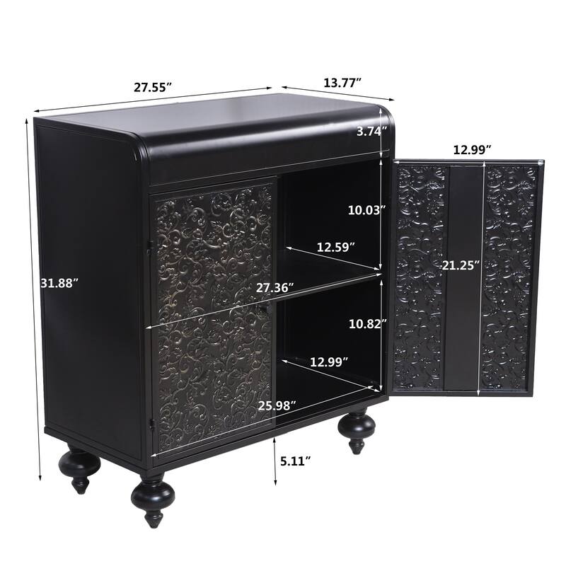 Decorative Metal Accent Cabinet with Embossed Doors, Distressed Black Finish, Entryway Storage Sideboard