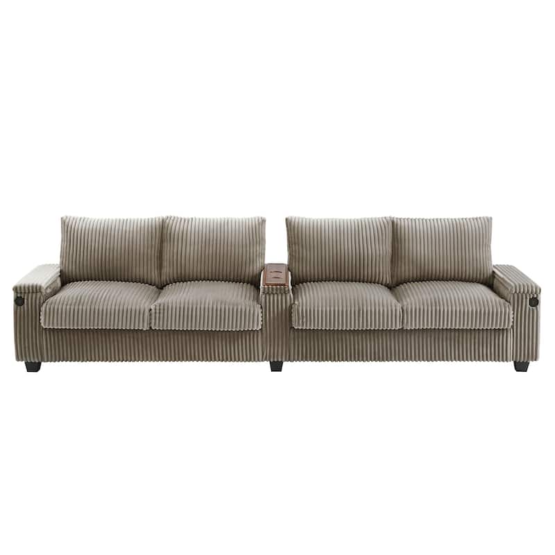 4-seater Brown Corduroy Sofa with Storage, Cup Holders, USB Ports, 133" Length