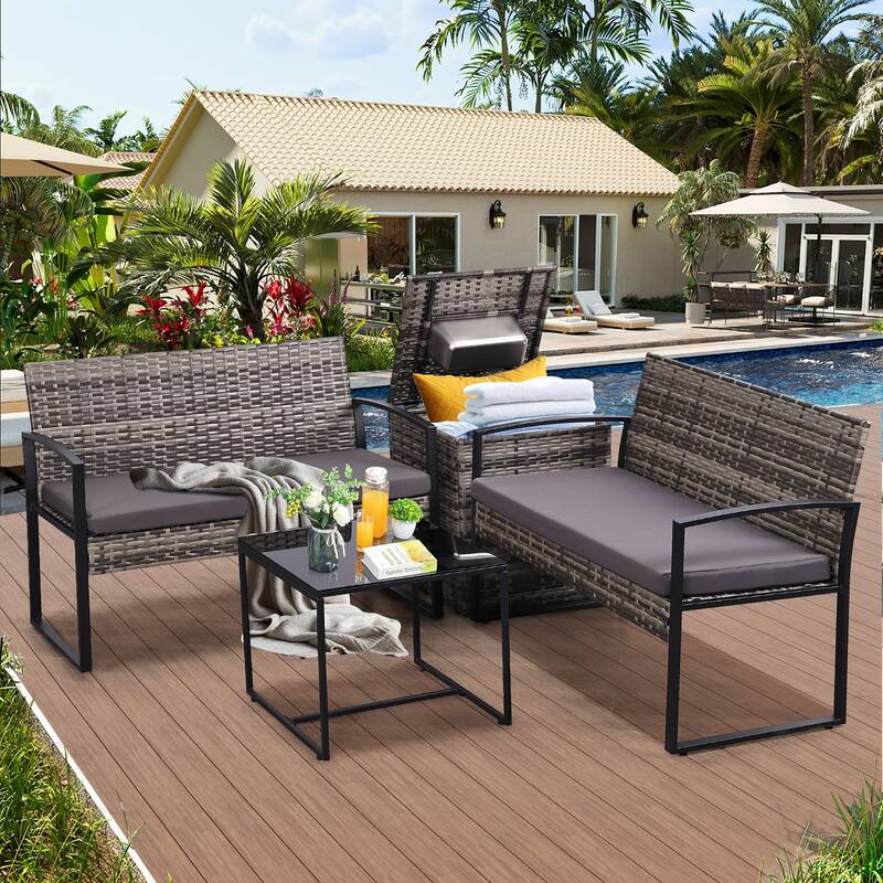 4-Piece Wicker Outdoor Sofa Set, 2 Loveseats, 1 Table, 1 Ice Bucket - Gray/Gray