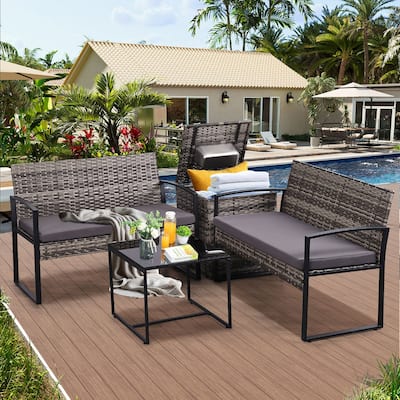 4-Piece Wicker Outdoor Sofa Set, 2 Loveseats, 1 Table, 1 Ice Bucket