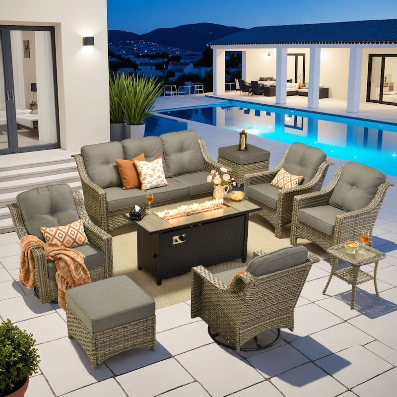 OVIOS 9 Pieces Outdoor Swivel Chairs Set with 54" Fire Table​ - DarkGrey