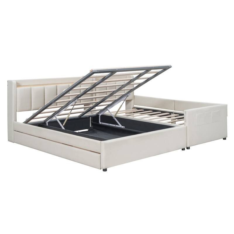 Queen Size/Twin XL Size Upholstered Platform Bed Frame with Hydraulic Storage System, Drawer,Shelves and UPS Ports