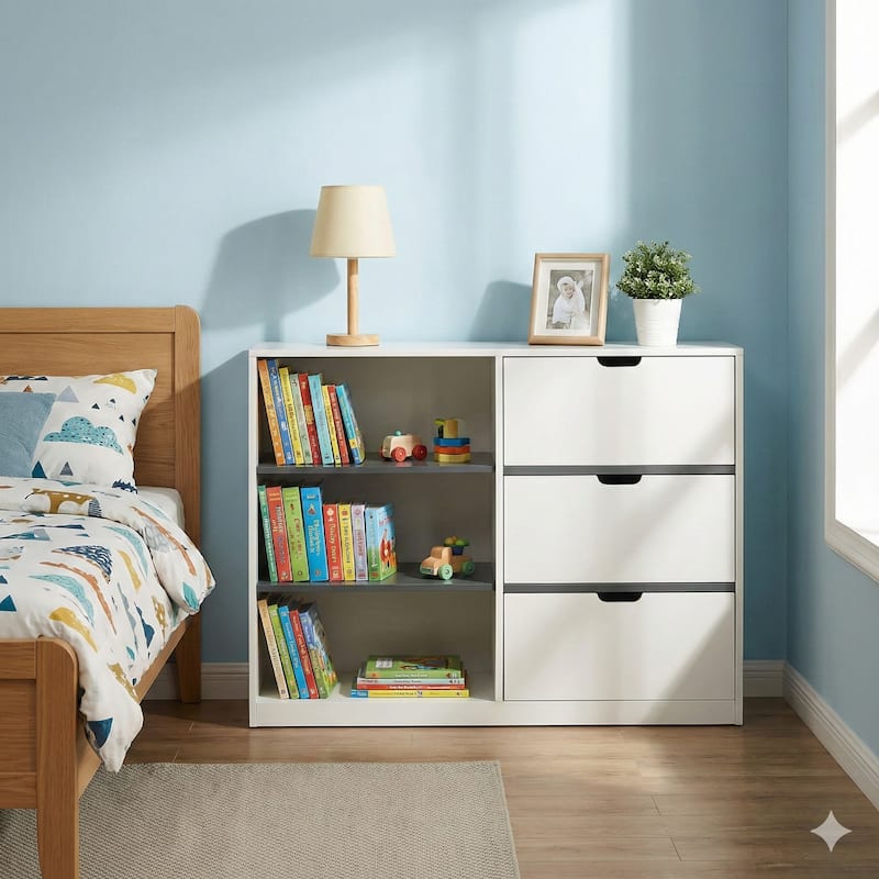 47 Inch Accent Cabinet with 3 Drawers and 3 Open Shelves, White Wood