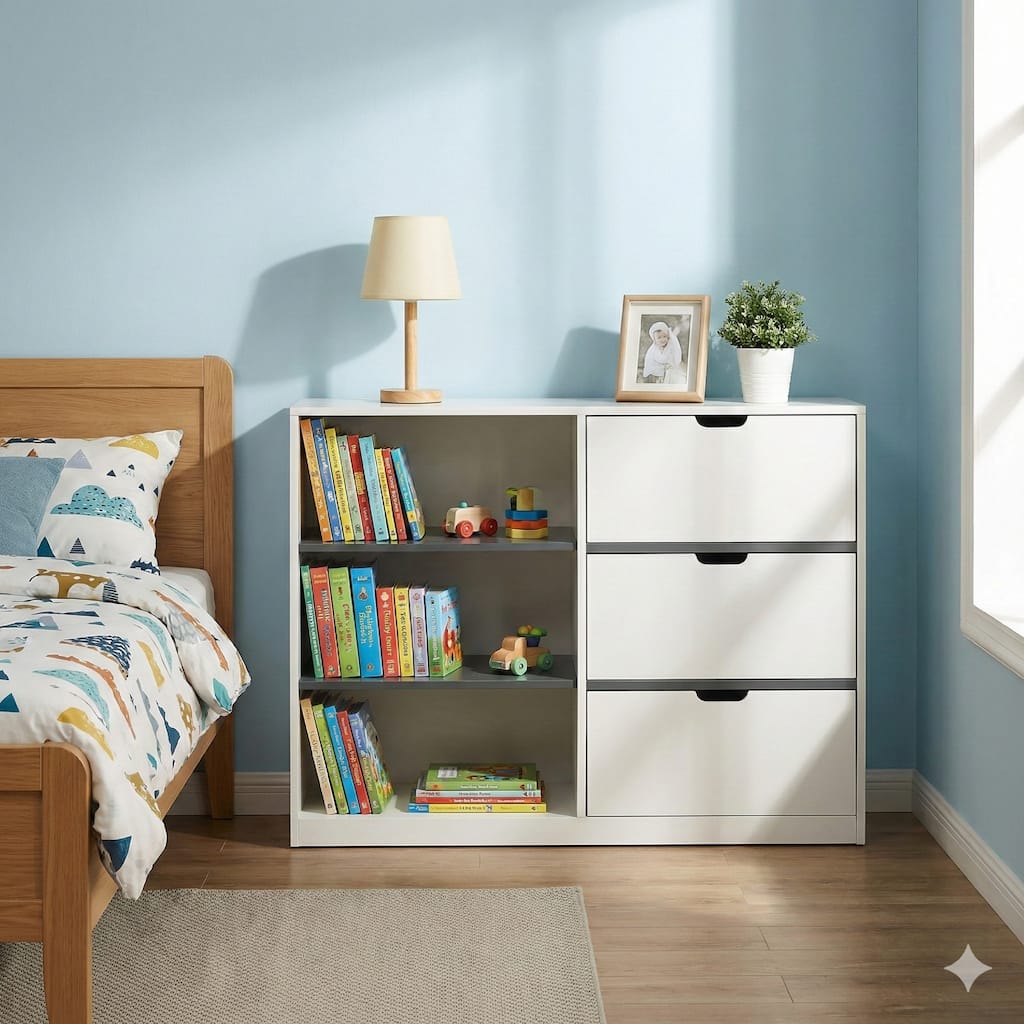 47 Inch Accent Cabinet with 3 Drawers and 3 Open Shelves, White Wood