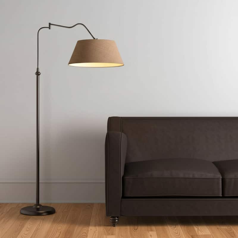 Bronze Metal Arched Floor Lamp with Brown Burlap Empire Shade Swing Arm - 29” x 17” x 61” (D x W x H)