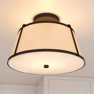 Marion 2-Light Mid-Century Modern Drum Semi Flush Mount Lighting Ceiling Fixture White Linen Shade for Entryway, Kitchen