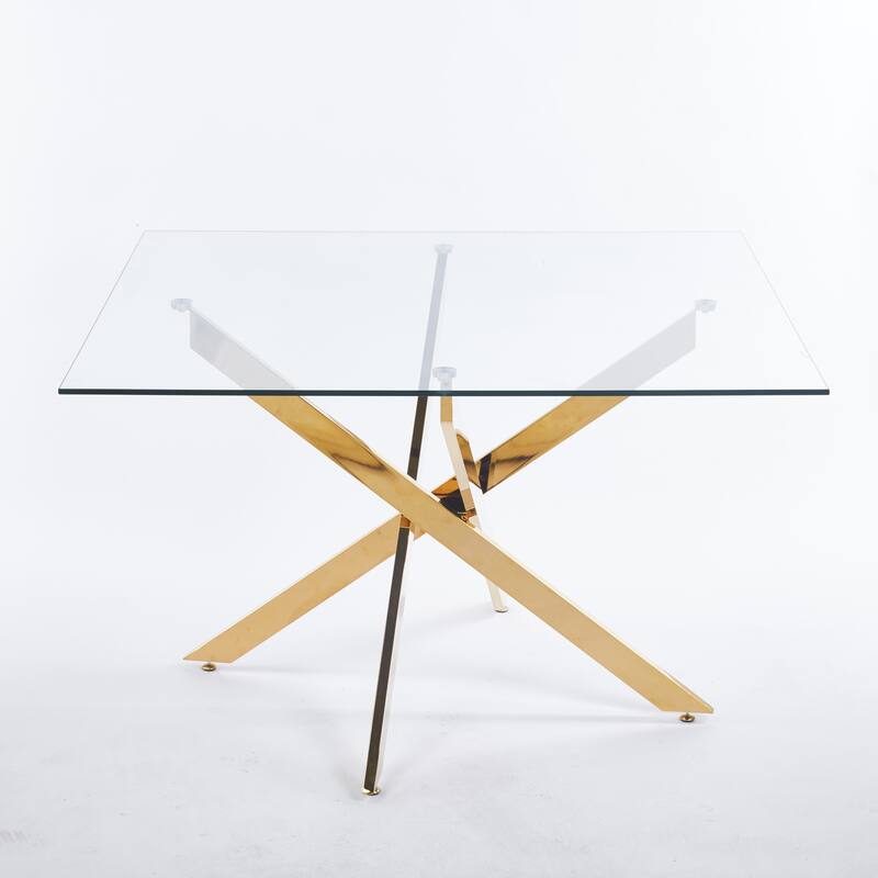 Golden Dining Table with cross metal leg and glass,Modern Space Saving Kitchen Table for Living Room,120x120x75cm square glass
