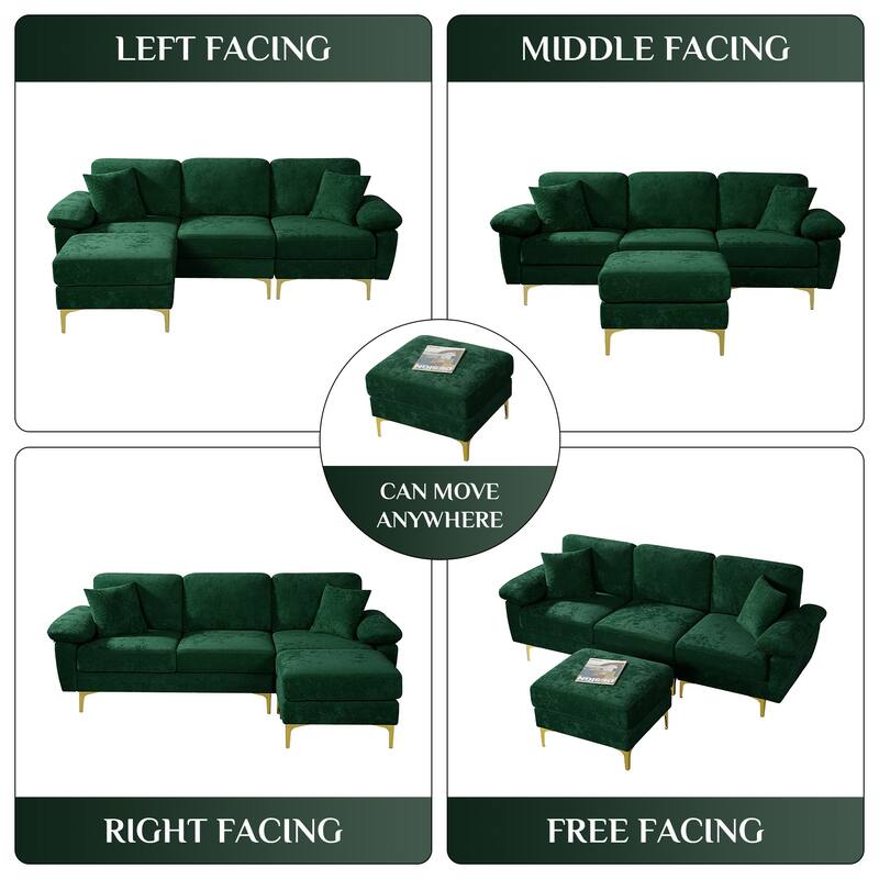 Ouyessir 2-Pieces Upholstered Velvet Sectional Sofa with 2 Pillows & Ottoman