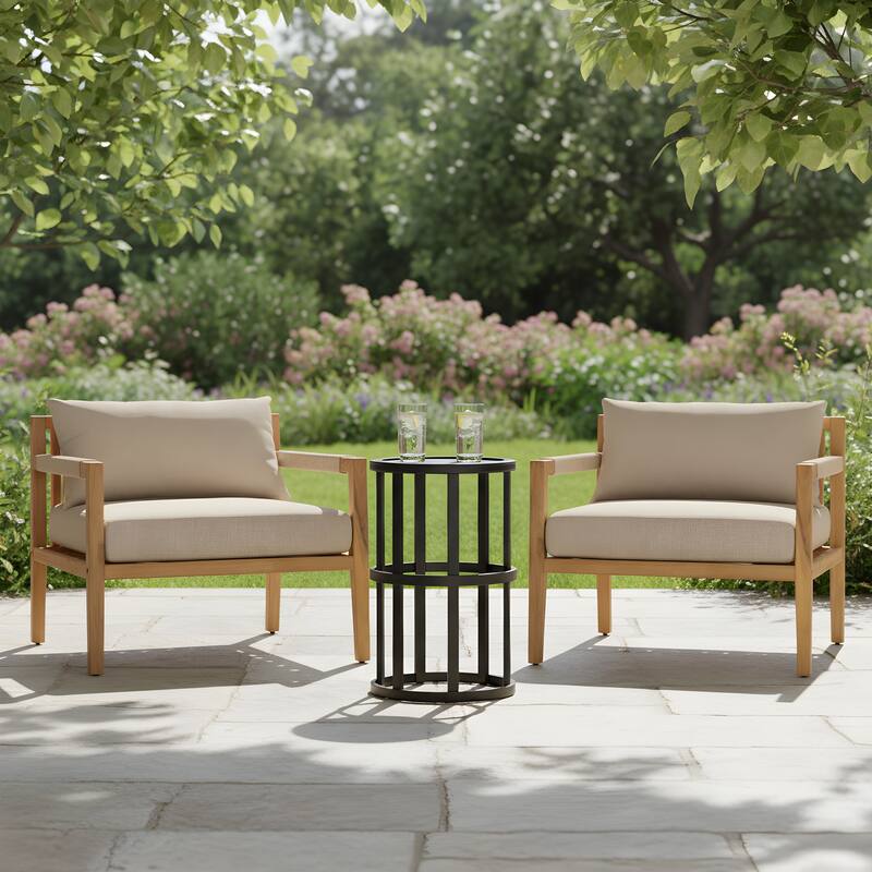 Christopher Knight Home - Outdoor Acacia Wood Club Chair with Side Table - 1 Table + 2 Club Chair - Beige + Grey + Black