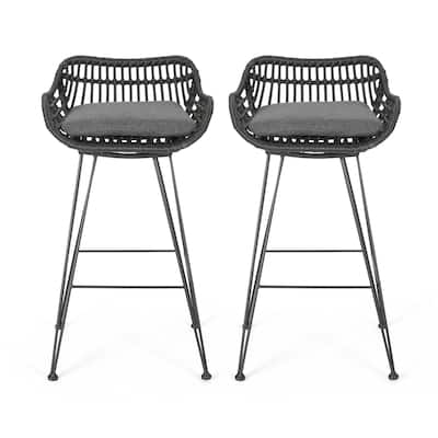 Outdoor Barstool Chair Set of 2, Low Back Woven Design, Gray and Black
