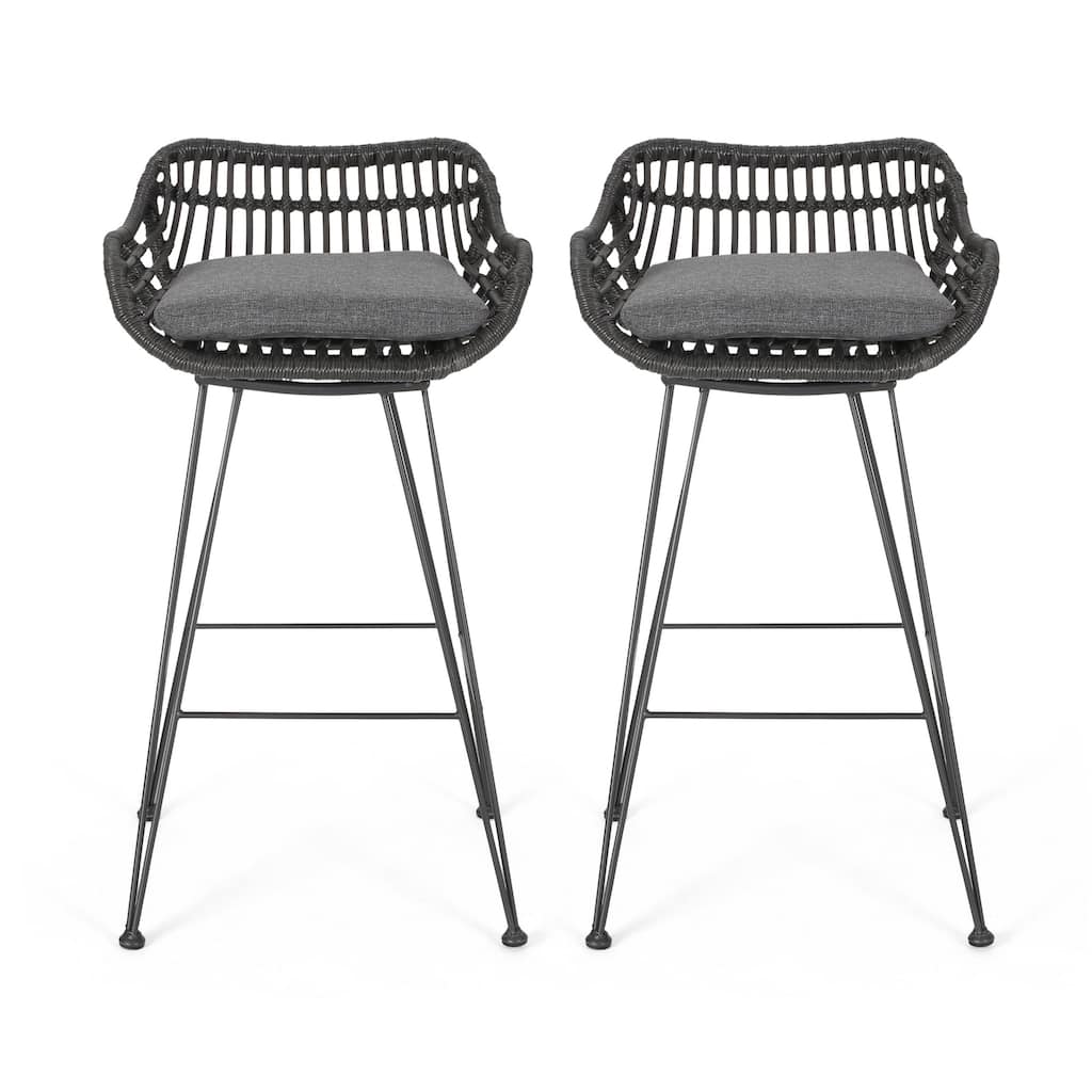 Outdoor Barstool Chair Set of 2, Low Back Woven Design, Gray and Black
