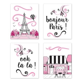 Sweet Jojo Designs Pink, Black and White Eiffel Tower Paris Collection Wall Decor Art Prints (Set of 4) - French Cafe