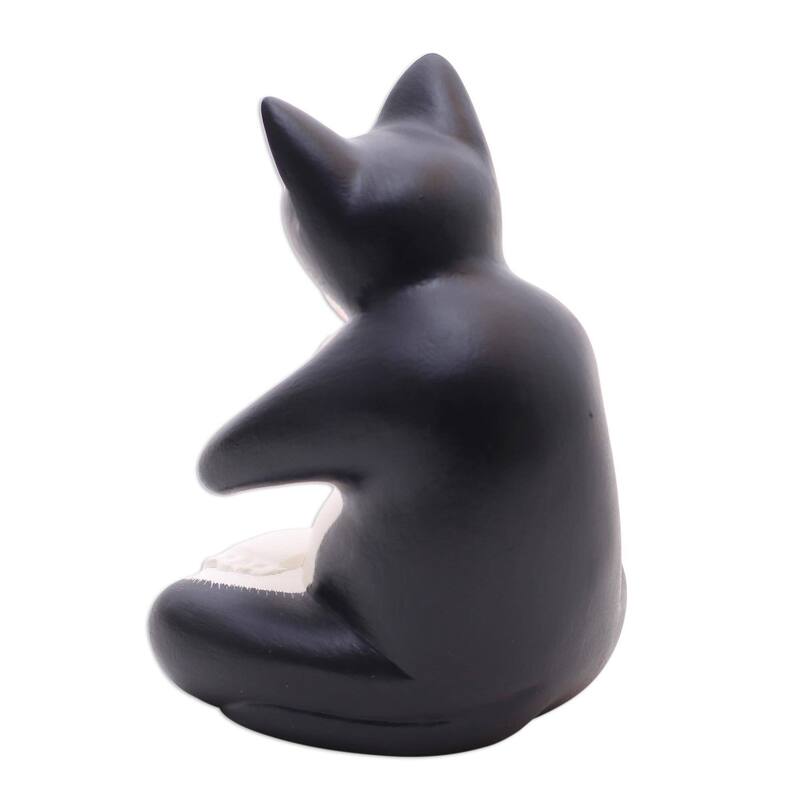 Novica Handmade Meditating Tuxedo Kitty Wood Sculpture