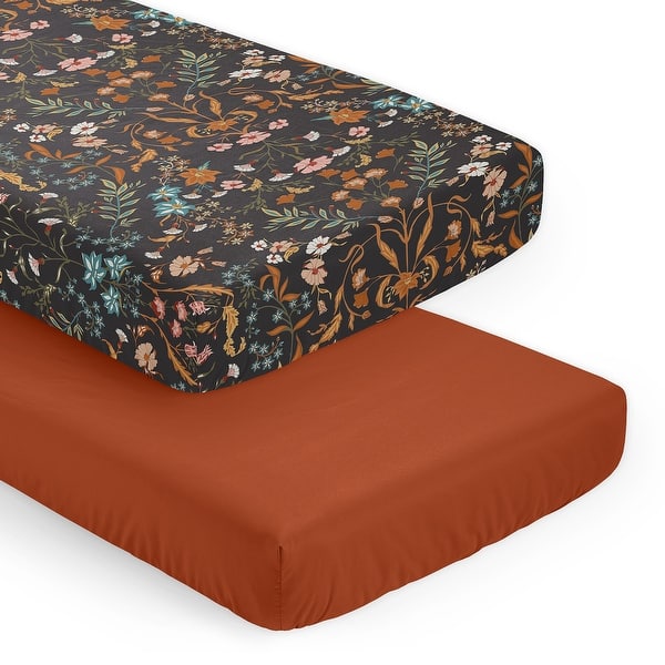 slide 2 of 6, Sweet Jojo Designs Boho Wildflower Vintage Floral Girl 2 Pack Fitted Crib Sheets Solid Rust Orange and Black Bohemian Farmhouse