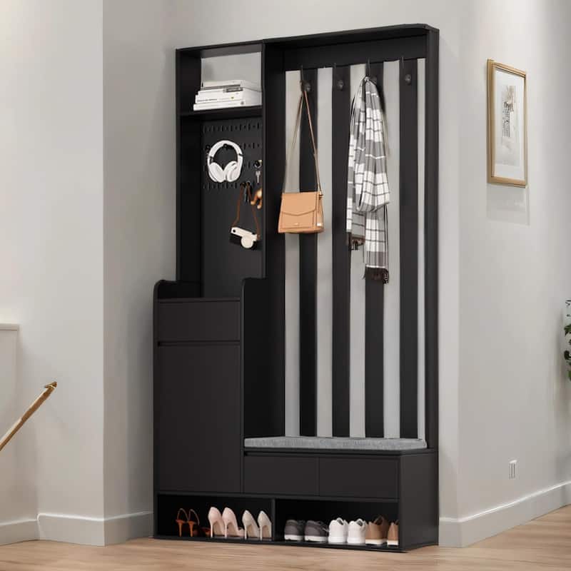Entryway Coat Rack with Cushioned Storage Bench,4 Hooks and Pegboard - Black