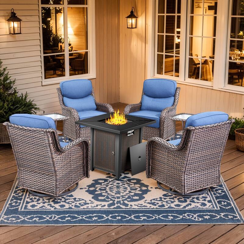 Pocassy 30 Inch Fire Pit Table with Sofa Swivel Chair Set - Blue Cushion Brown Wicker - 7-Piece Fire Pit Table w/ Swivel Chair Table Set