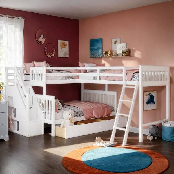slide 2 of 12, Contemporary Design Twin over Full L-Shaped Bunk Bed With 3 Drawers, Ladder and Staircase, Maximized space, White White