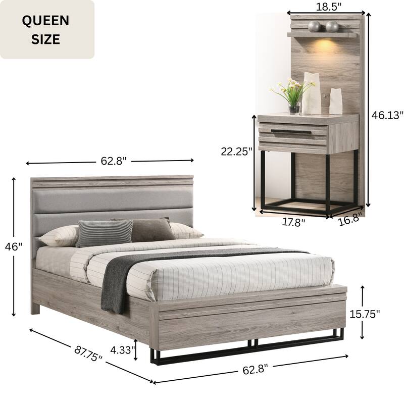Roundhill Furniture Alvear Wallbed Bed with White LED Lights, Dresser, Mirror, and 2 Nightstands, Weathered Gray