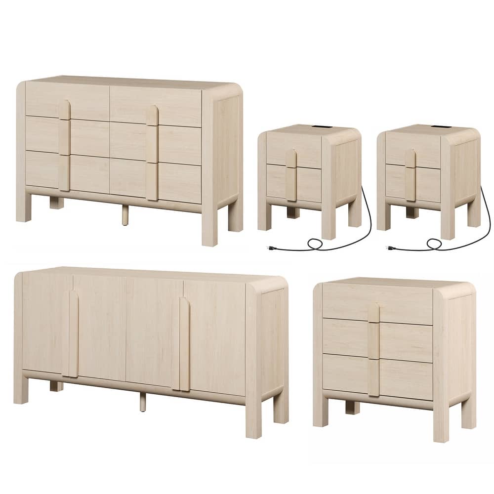 5 Pcs Wood Dresser and Nightstand Sets for Bedroom，Mid-Century Modern Bedroom Set with Curved Profile Design