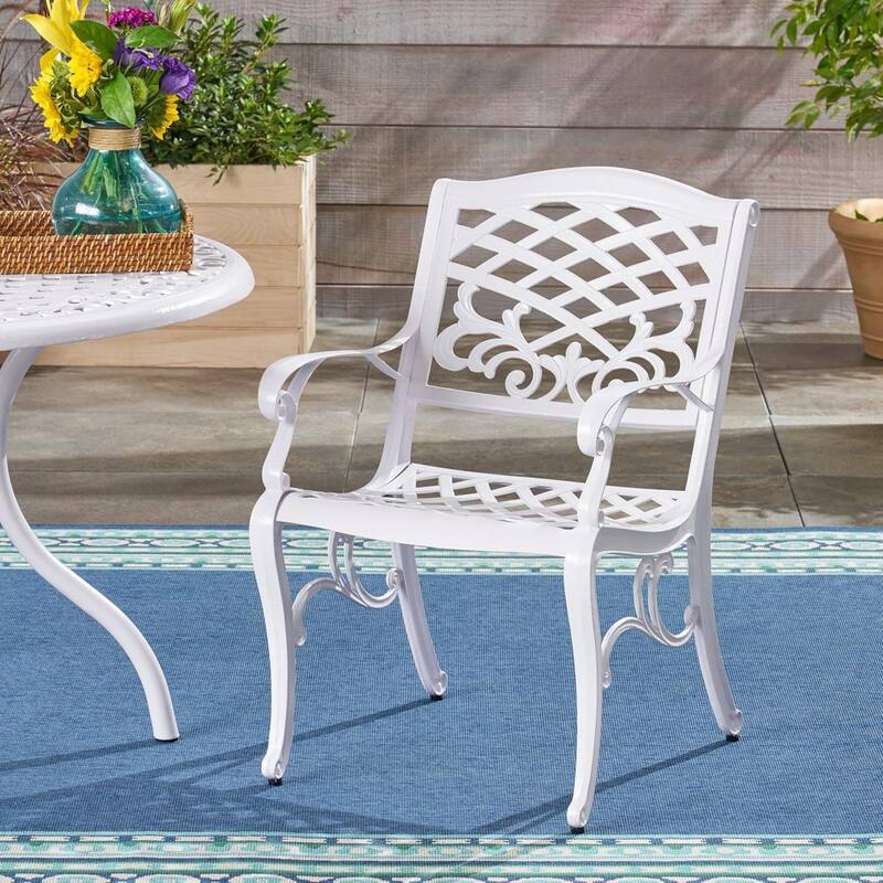 Roomfitters Outdoor Aluminum Dining Set with Lattice-Pattern Round Table and Four Armchairs for Stylish Patio Dining
