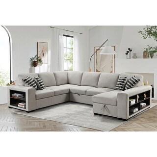 125'' Modern U Shaped 7 Seat Sectional Sofa Couch with Cabinet,Sofa Bed with Storage Chaise-Pull Out Couch Bed for Living Room,Beige