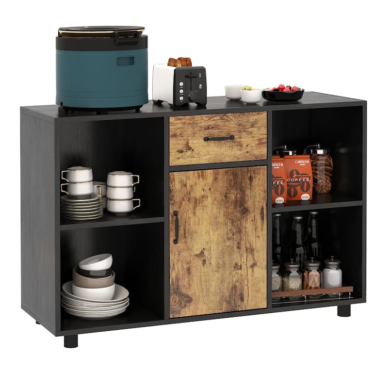 Costway Farmhouse Buffet Sideboard Coffee Bar File Cabinet Console - 48'' x 16'' x 31.5'' (L x W x H) - Rustic Brown & Black - 48'' x 16'' x 31.5'' (L x W x H)