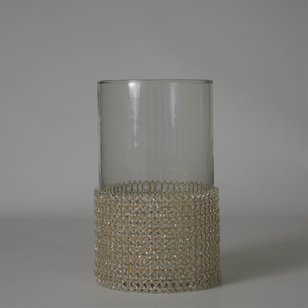 Beaded Glass Votive Candle Holder - 10" - Clear and Gold