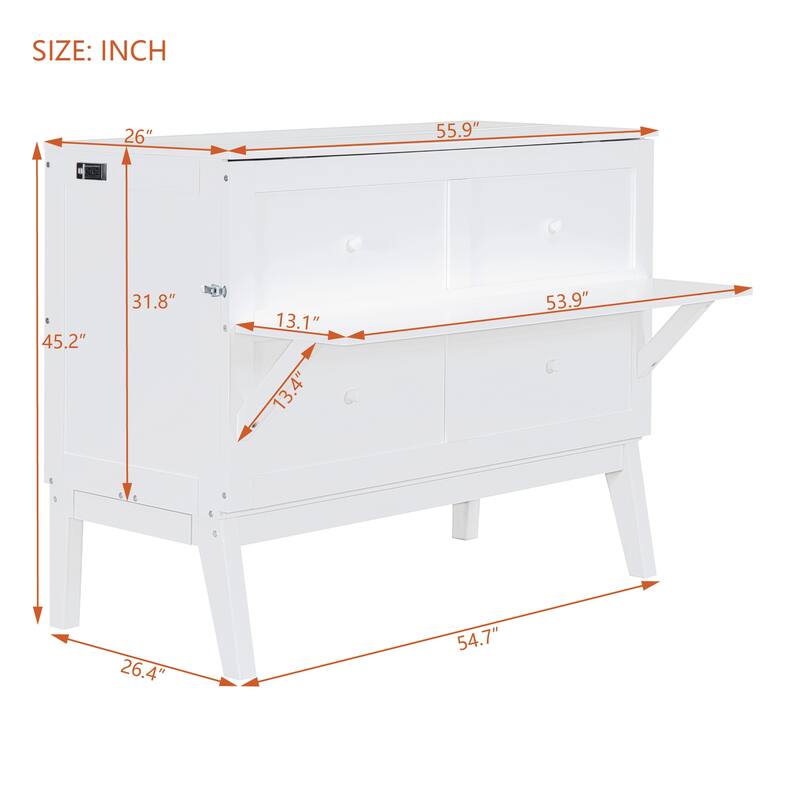 White Murphy Bed Cabinet Bed with USB Port and Desk for Space-Saving, Full Size Platform Bed with Removable Shelves on Each Side