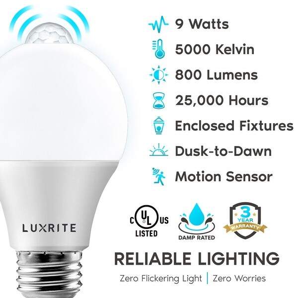 Luxrite A19 LED Dusk to Dawn Motion Sensor Light Bulb 60W Equivalent 800 Lumens UL Listed E26 Base 4 Pack On Sale Bed Bath Beyond 33091568