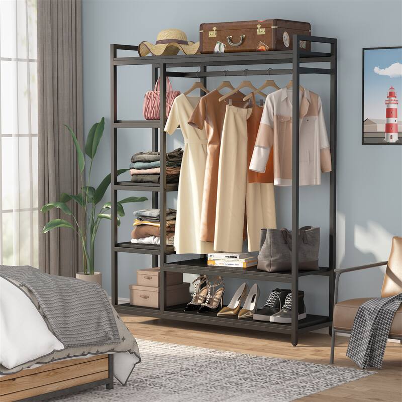 Black/ White Modern Clothes Garment Rack,Metal and Wood Closet Rack Closet Organizer System with Hanging Rod and Shelf