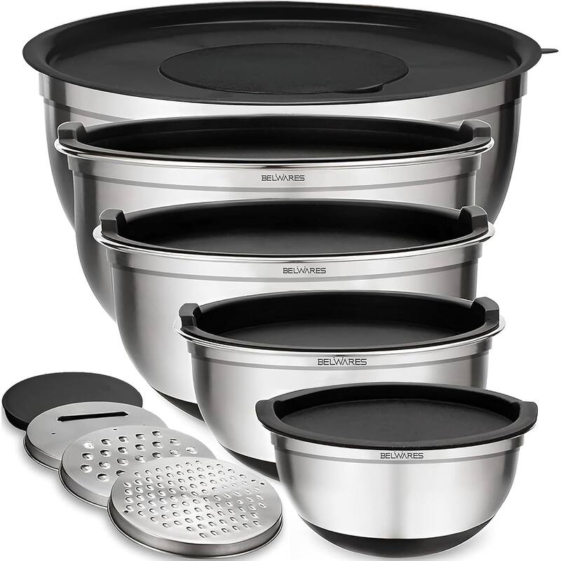 Belwares 5-Piece Stainless Steel Mixing Bowls with Airtight Lids and Graters - Non-Slip Nesting Bowls Set - Black