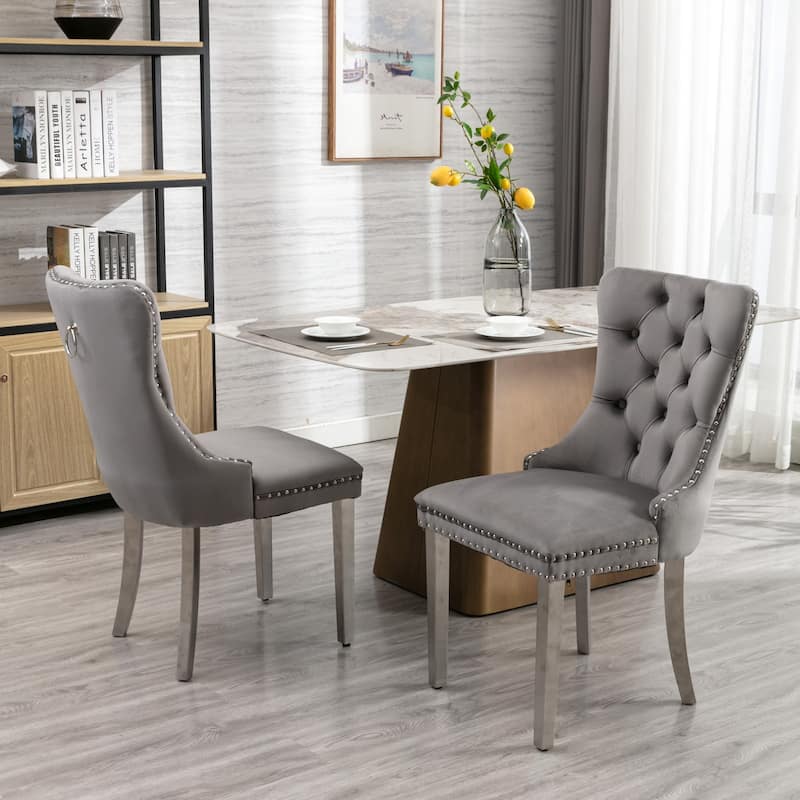 Velvet Fabric Dining Chairs Set of 2, Tufted Upholstered Dining Room Chair with Nailhead Trim & Stainless Steel Legs