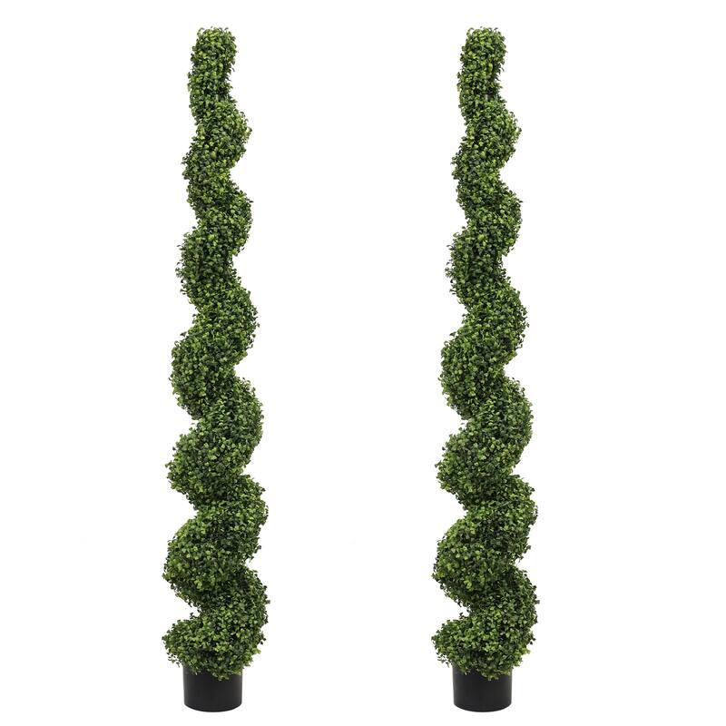 6FT Artificial Spiral Topiary Trees - Outdoor Faux Boxwood Plants with Large Twisted Green Potted Design for Garden