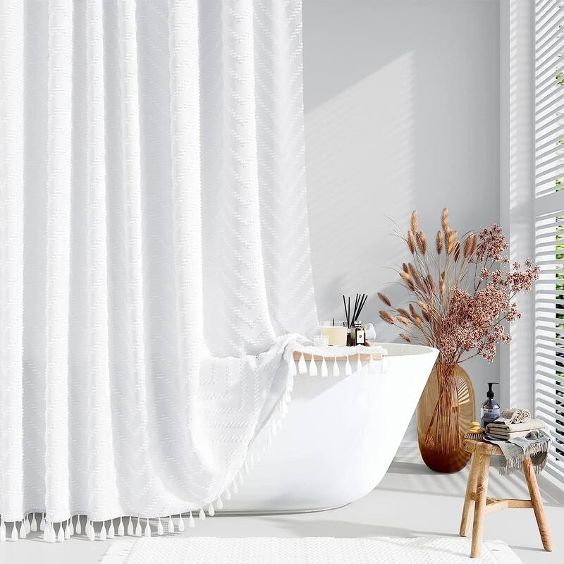 Boho Farmhouse Shower Curtain Tufted Chevron Striped Textured Tassel