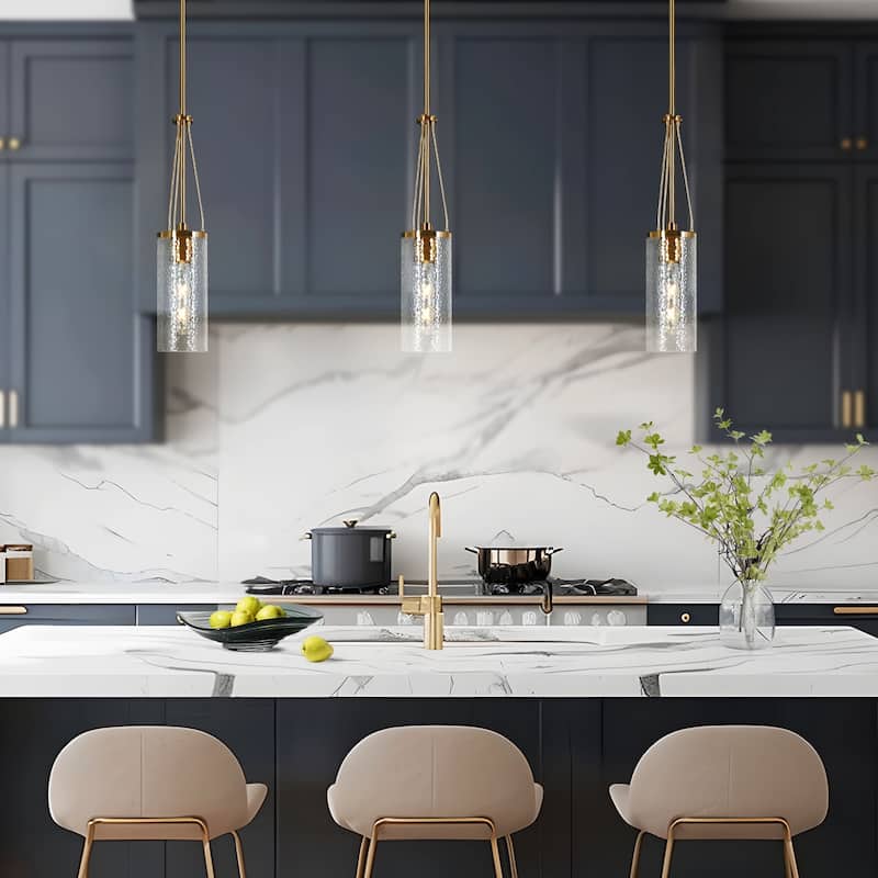 Modern 1-Light Cylinder Gold Pendant Lights Hammered Glass Island Lighting - D 4.3" x H 83.3" Max