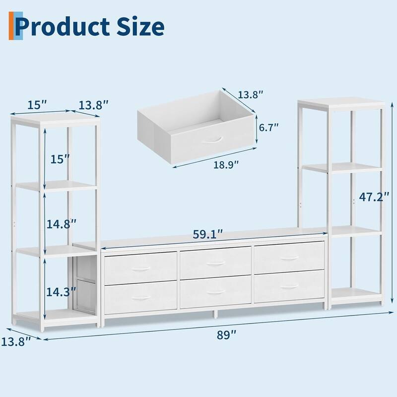 Entertainment Center TV Stand with 6 Drawers and Bookshelves for Living Room