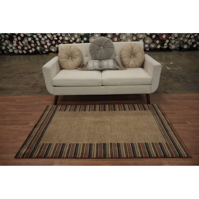 Hand Knotted Oriental 100% Wool Carpet Modern Stripe Brown Nepalese Area Rug - 5' 7'' X 3' 6''