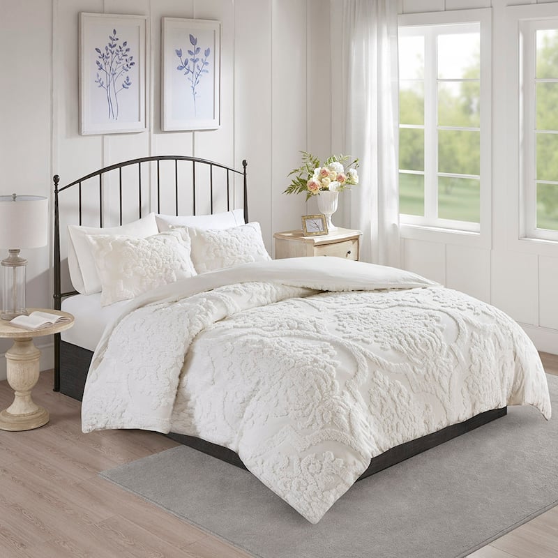 Madison Park Aeriela Tufted Cotton Chenille Damask Duvet Cover Set - Off White - King